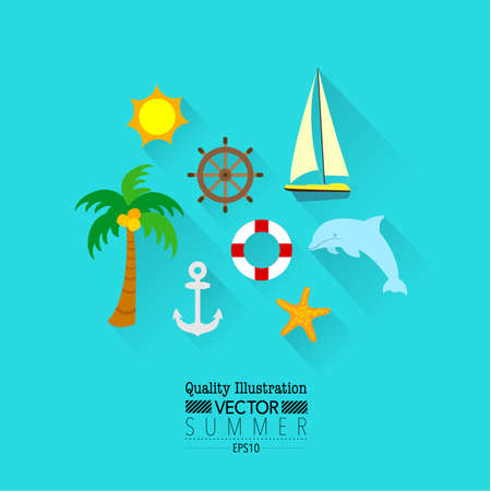 Summer Flat Vector Icon Set   Palm Tree, Sailing Boat, Dolphin etc のイラスト素材