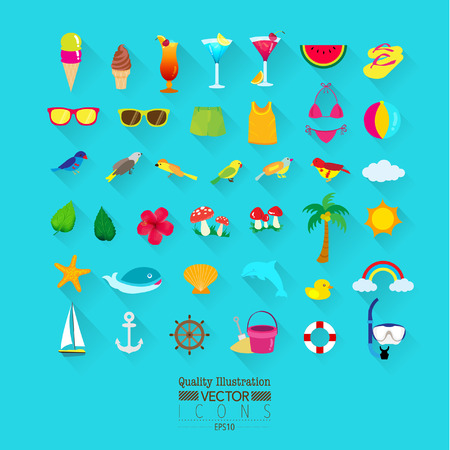 Lifestyle Flat Vector Icon Set : Summer, Ice Cream, Bikini, Beach, Sky, Holiday, etc.のイラスト素材