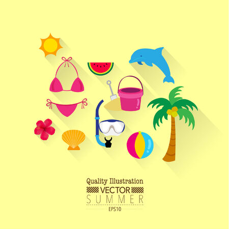 Summer Flat Vector Icon Set : Palm Tree, Bikini, Beach, Dolphin, Diving Mask etc.のイラスト素材