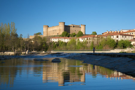 river Tormes with bridge at Barco village in avila spainの写真素材
