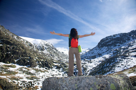 trekking woman at Gredos mountains in Avila Spainの写真素材