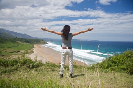 beach of La Vega near to Ribadesella village in Asturias Spainの写真素材