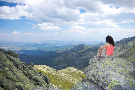 trekking woman at Gredos mountains in Avila Spainの写真素材