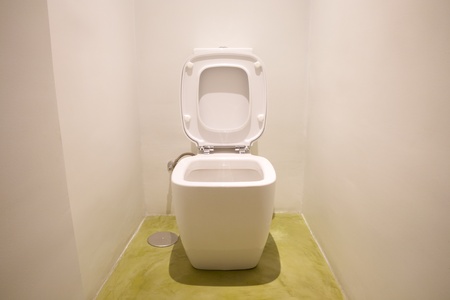 watercloset in white bathroom with green floorの写真素材