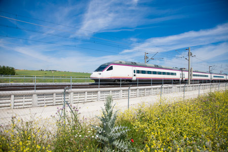 fast speed train over flowers in a landscape from Spainのeditorial素材