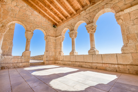 archs in portico and gallery of church Santa Maria del Rivero, romanesque landmark and public monument from 12th century, in San Esteban de Gormaz, Soria, Spain, Europeのeditorial素材