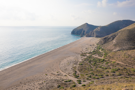 famous Beach of the Dead People from above, in Gata Cape Natural Park (Cabo de Gata in Spanish), beautiful touristic destination, in Almeria (Carboneras, Andalusia, Spain, Europe)の写真素材