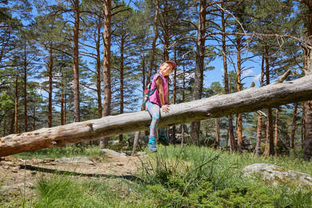 seven years old girl with hat looking and smiling, sitting on fallen pine tree trunk in forest of Guadarrama Natural Park (Madrid, Spain)の写真素材
