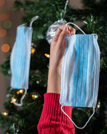 Female hands in red sweater holding blue medical face masks on Christmas tree background.の写真素材