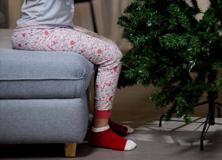 Close-up of a woman in red socks sitting on a sofa near a Christmas treeの写真素材