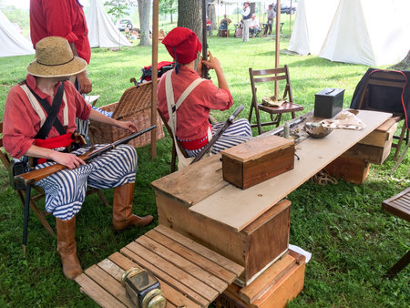 american civil war reenactment scene soldiers in red