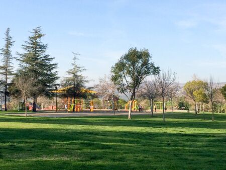 playground at park with green grass lawn and treesの写真素材