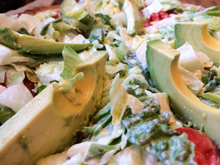 Gourmet blt bacon lettuce tomato mayonaise avocado pizza bread close upの写真素材