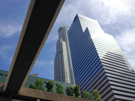 Modern architecture high rise skyscraper above streets Los Angeles day