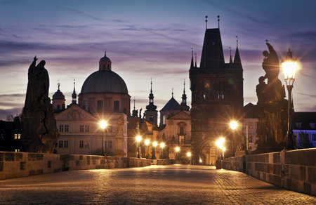 Charles Bridge in Prague at dawn; Czech Republic