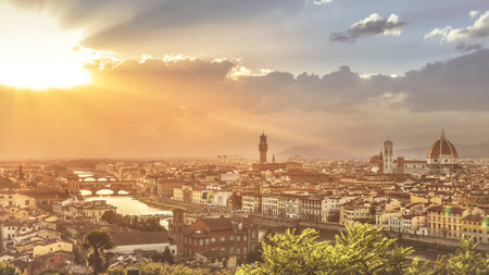 Scenic view of Florence at sunset from Piazzale Michelangelo Tuscany, Italyの写真素材