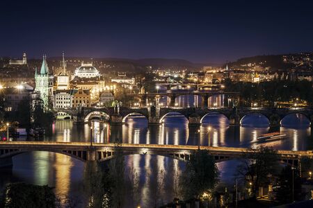 The skyline of Prague at night, Czech Republicの写真素材