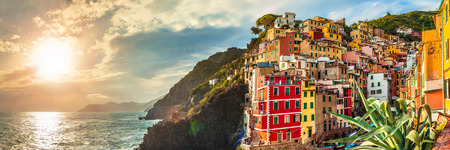 Riomaggiore panorama at sunset, Cinque Terre National Park, Liguria, La Spezia, Italyの写真素材