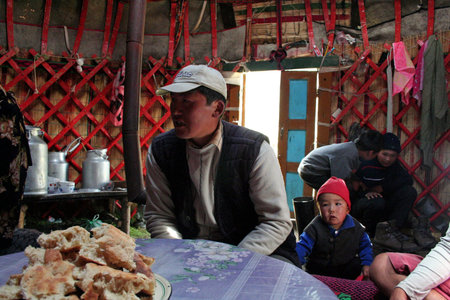 Kyrgyz yurt camp in Tien Shan mountains, inside the Yurtaのeditorial素材