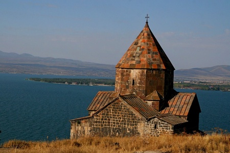 The monastery Sevanavank overlooking Lake Sevan, Armenia の写真素材