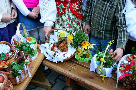 Traditional Easter basket with food in Polish countryside 