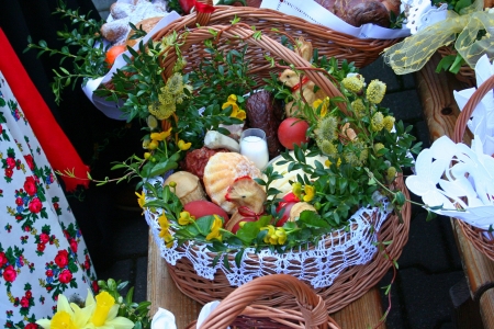Traditional Easter basket with food in Polish countryside の写真素材