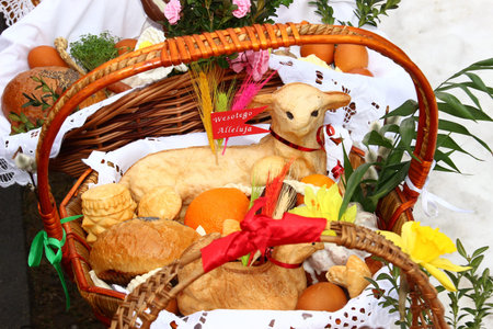 Traditional Easter basket with food in Polish countryside 