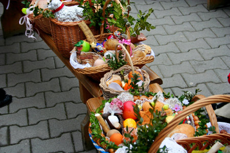 Traditional Easter basket with food in Polish countryside 