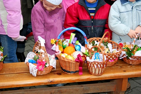 Traditional Easter basket with food in Polish countryside のeditorial素材