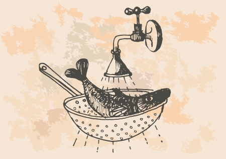 graphic project, retro fish in kitchenのイラスト素材