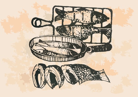 graphic project, retro fish in kitchenのイラスト素材