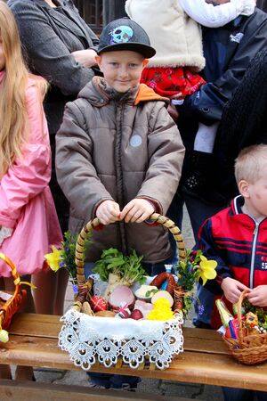 Traditional Easter basket with food のeditorial素材