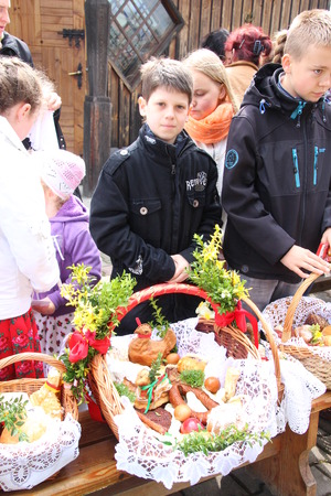Traditional Easter basket with food のeditorial素材