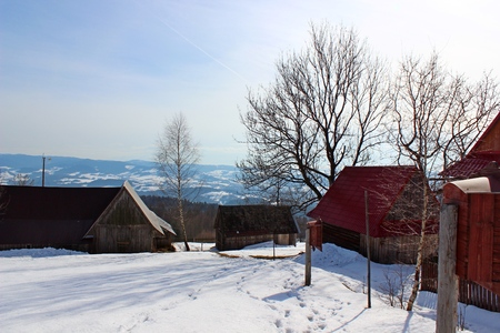 View from road to Lubon Peak - Polana Surowki, Beskid Wyspowy, Polandのeditorial素材