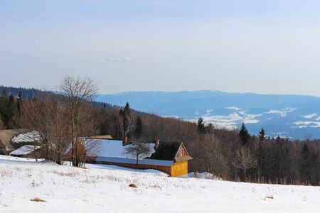 View from road to Lubon Peak - Polana Surowki, Beskid Wyspowy, Polandのeditorial素材