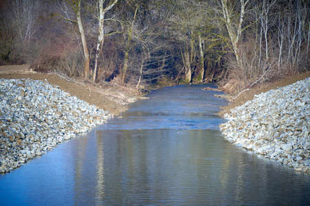 river flowing into the forest, autumn landscapeの写真素材