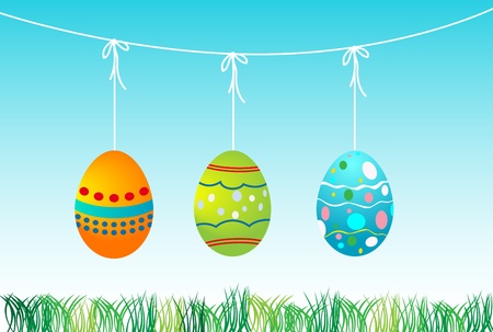 Colorful Easter Eggs are hanging over the gardenのイラスト素材