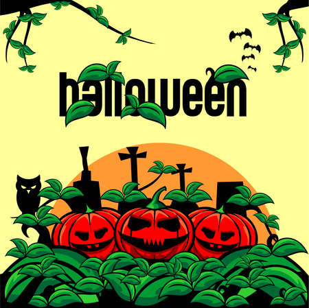 halloween pumpkin and leaves on graveyard, owl, bat, happy halloweenのイラスト素材