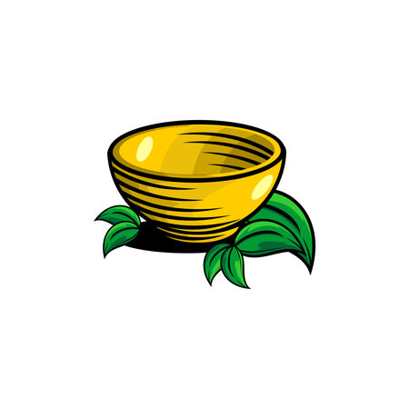 vector illustration of a bowl, leaves on a white backgroundのイラスト素材