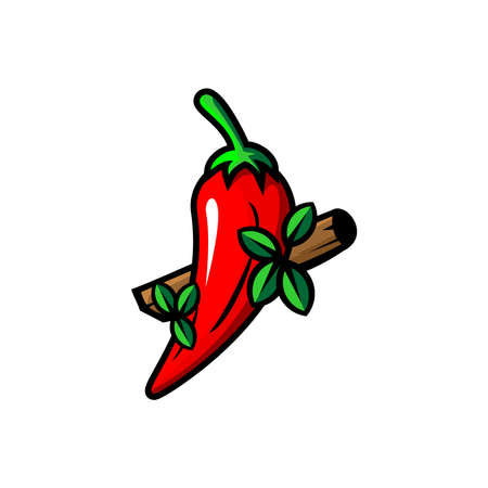 red chili  vector and some green leavesのイラスト素材