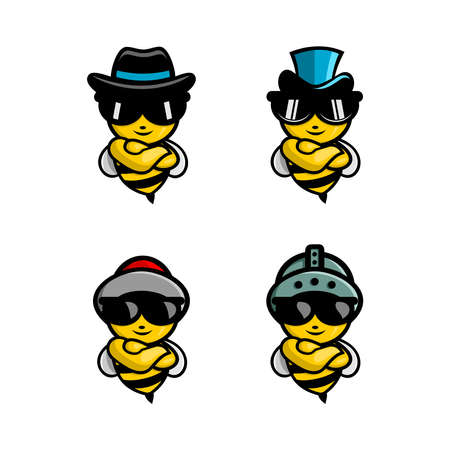 vector illustration of cartoon honey bee wearing various hats and sunglassesのイラスト素材