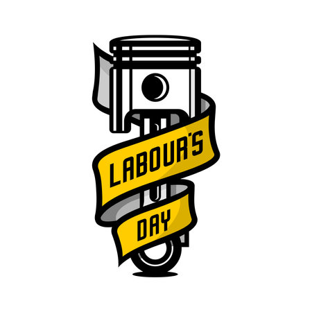 vector design of a motorcycle cylinder wrapped around a ribbon that says labor dayのイラスト素材