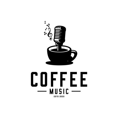 vector cup of coffee, microphone and music tone, cafe music logoのイラスト素材
