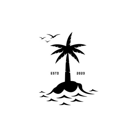 vector logo of a palm tree in the middle of an island and the oceanのイラスト素材