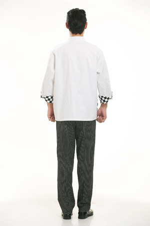 Wear all sorts of apron waiter standing in white backgroundの写真素材