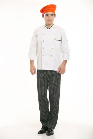Wear all sorts of apron waiter standing in white backgroundの写真素材
