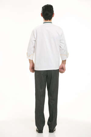 Wear all sorts of apron waiter standing in white backgroundの写真素材