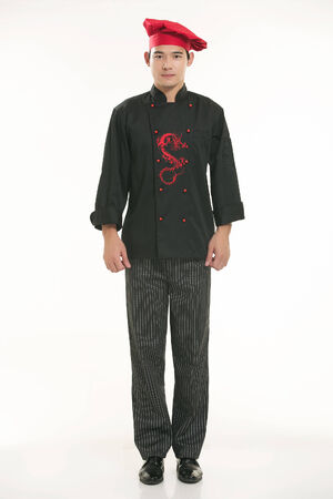 Wear all sorts of apron waiter standing in white backgroundの写真素材