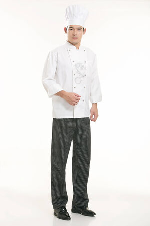 Wear all sorts of apron waiter standing in white backgroundの写真素材