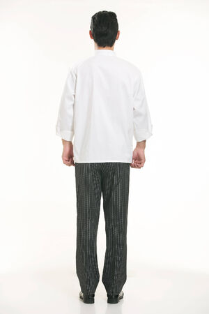 Wear all sorts of apron waiter standing in white backgroundの写真素材